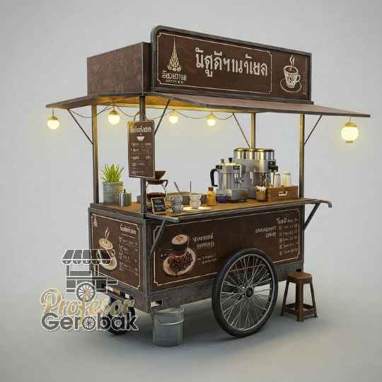 Contoh desain gerobak industrial besi ekspos untuk kedai kopi